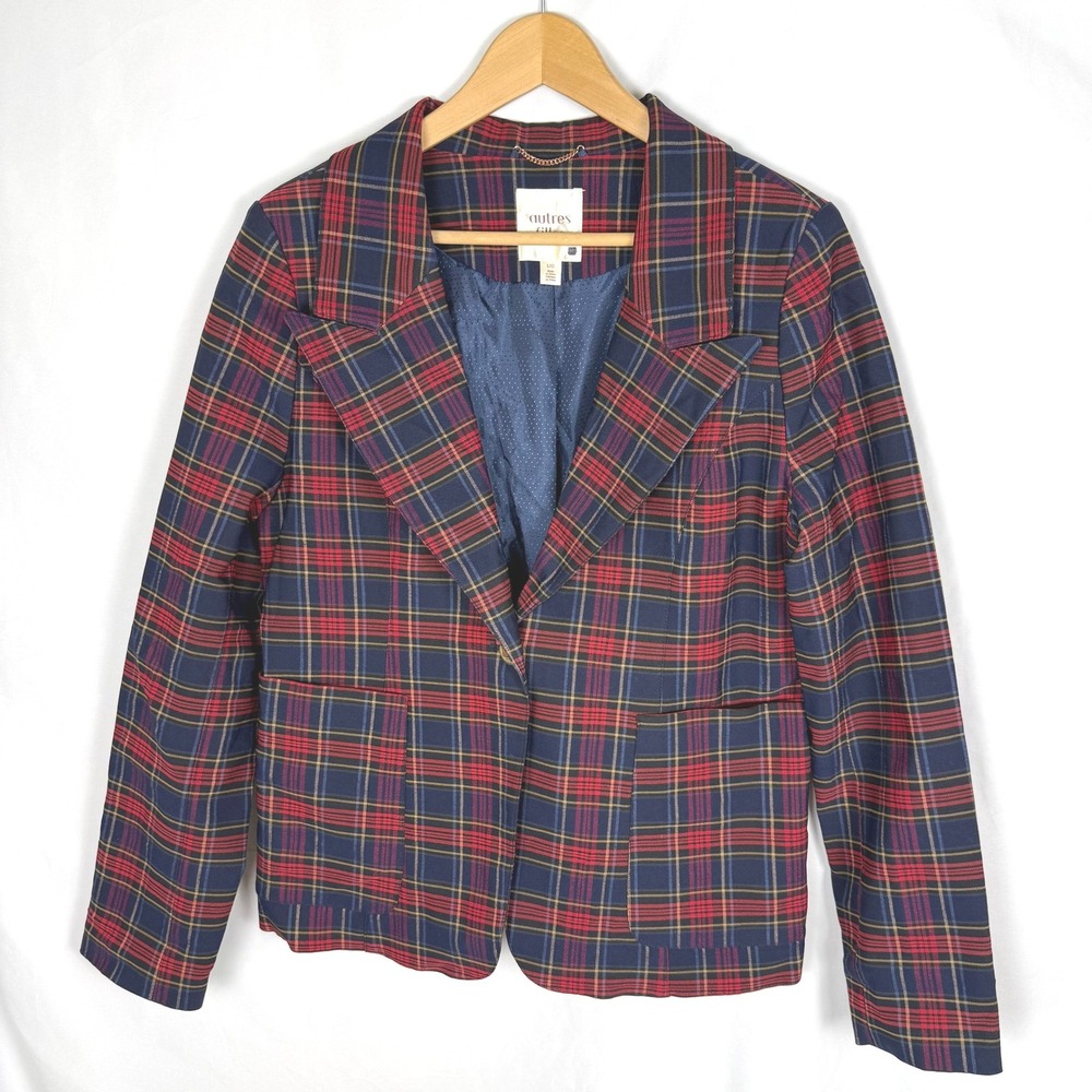 NWOT Anthropologie Autres Filles Holiday Red Navy Plaid Blazer Jacket Size Large